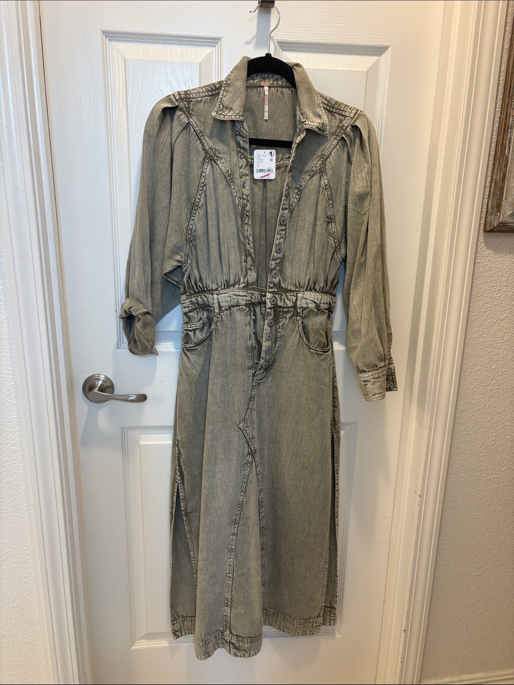 Sage Long Sleeve Button-Front Denim Dress in Sage Green